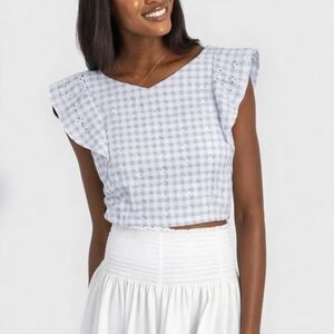 Koch Gingham Eyelet Blue White Ruffle Crop Cecilia Top, S